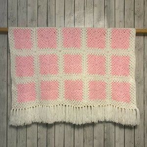 Crochet Square Pink & White Checkered Baby Blanket with White Fringe Edge 64x54